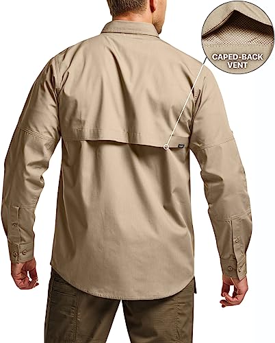 CQR Men's Long Sleeve Work Shirts, Ripstop Military Tactical Shirts, Outdoor UPF 50+ Breathable Button Down Hiking Shirt TOS432-KHK Large