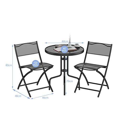 Costway 3-Piece Patio Bistro Set, Outdoor Bistro Table Set with Round Black Tempered Glass Tabletop and 2 Folding Chairs, Outdoor Dining Set for Indoor/Outdoor, Black