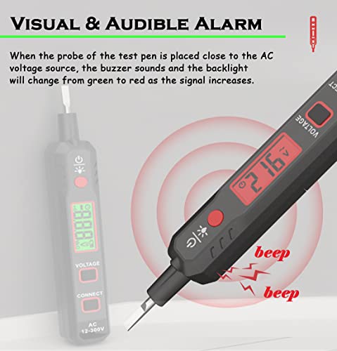 Voltage Tester AC 12-300V Non-Contact & Contact Voltage Detector Electrical Test Pen Wire Breakpoint Finder with NCV, Continuity Live Null Wire Test, LCD Display, Buzzer Alarm, Backlight, Flashlight