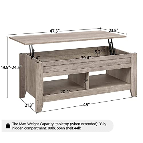 Yaheetech Lift Top Coffee Table with Hidden Storage Compartment & Lower Shelf, Lift Tabletop Farmhouse Table for Living Room Office Reception, 47.5in L, Gray