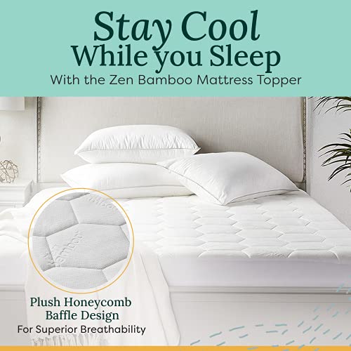 Zen Bamboo Ultra Soft Fitted Bamboo Mattress Pad - Premium Hypoallergenic Bamboo Mattress Topper with Honeycomb Cooling Technology - Queen