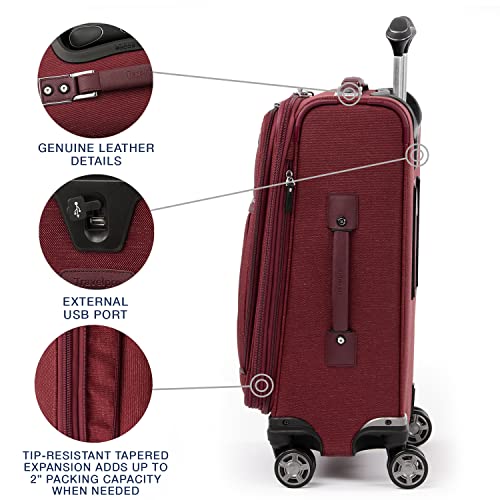 Travelpro Platinum Elite Softside Expandable Luggage, 8 Wheel Spinner Suitcase, USB Port, Fits up to 15" Laptop, Men and Women, Business Plus, Bordeaux Red, Carry-On 21-Inch, Platinum Elite Softside