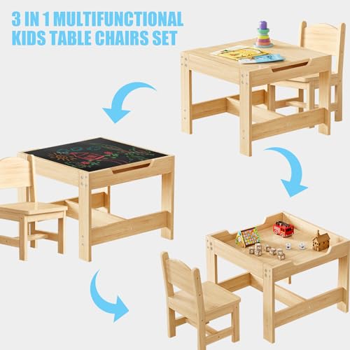 Solid Pine Wood Toddler Table and Chair Set, 60x60cm, Height 48cm, 2 Chairs - Multi-Use with Storage, 3 in 1 Wooden Activity Table with Storage Drawer for Toddlers Drawing for Playrooms and Nurseries