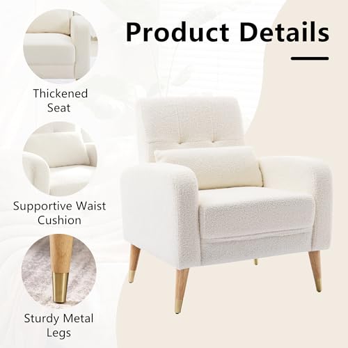 Dolonm Mid-Century Modern Accent Chair, Upholstered Armchair Living Room Chair, Comfy Single Sofa Chair with Sturdy Legs, Polyester Fabric Chair for Living Room Bedroom, White