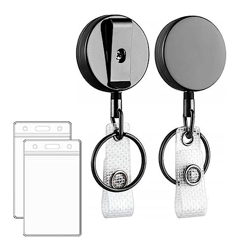 2 Pack Heavy Duty Retractable Badge Holder Reel, Will Well Metal ID Badge Holder with Belt Clip Key Ring for Name Card Keychain [All Metal Casing, 27.5" UHMWPE Fiber Cord, Reinforced Id Strap]