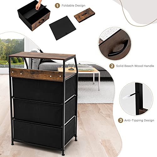 Giantex 3 Chest of Drawers, Industrial Storage Cabinet w/Top Shelf & 3 Removable Drawers, Solid Steel Structure, Foldable Fabric Drawer, Dresser Organizer Wooden, Rustic Brown