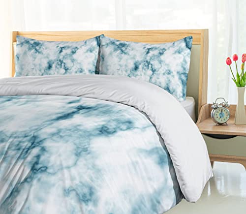 Ambesonne Apartment Decor Duvet Cover Set, Fluffy Cloud Skyline Like Marble Motif with Grunge Features Art Image, 3 Piece Bedding Set with Pillow Shams, Queen/Full, Turquoise