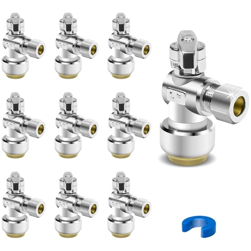 10PCS Angle Stop Valve, 1/2 x 3/8 Inch Compression Angle Water Shut Off Valve, Toilet Faucet Valve, Pushfit 1/4 Turn, No Lead Brass Push to Connect Plumbing Fitting for Copper, CPVC, PE-RT, PEX Pipe