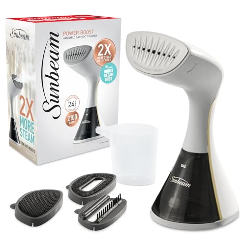 Sunbeam Power Boost Handheld Garment Steamer | 2100W, 90g/Min Steam Shot Clothes Steamer, Fast Heat Up Travel Steamer, Durable Scratch Resistant Cermaic Plate, White & Gold SCG2000