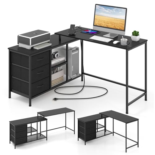 Giantex L-Shaped Computer Desk with Power Outlet, Convertible Corner Desk with 3 Fabric Drawers & Metal Mesh Shelves, 205 cm Long Office Desk for Working, Studying, Gaming (Black)