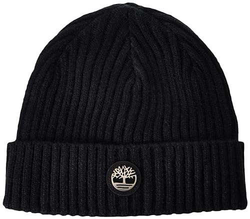 Timberland Men's Ribbed Watch Cap with Logo Plate, Black, One Size