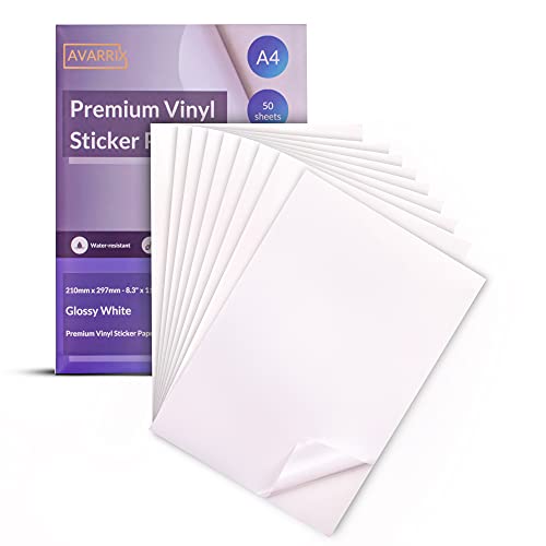 Avarrix Australia Printable Vinyl Sticker Paper for Inkjet Laser Printer, Glossy White, 100 Sheets, Waterproof Label Stickers, Printable Vinyl Sheets, Tear Resistant, Quick Dry Vibrant Colours, A4