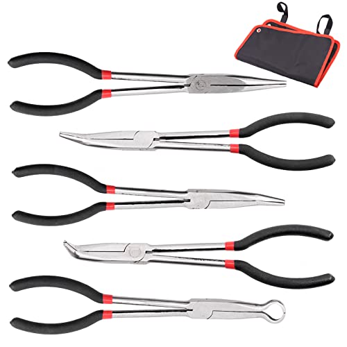 Swpeet 5Pcs Precision 11inch Long Needle Nose Pliers Assortment Kit, Long Reach Pliers Set Wire Plier Repair Tool - Straight, 25, 45, 90-Degree Angle, Long Reach Circle Pliers Perfect for Auto Body