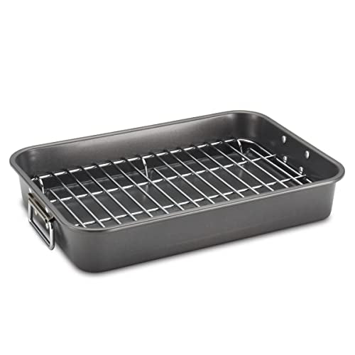 Farberware Nonstick Bakeware 11-Inch x 15-Inch Roaster with Flat Rack, Gray,Grey