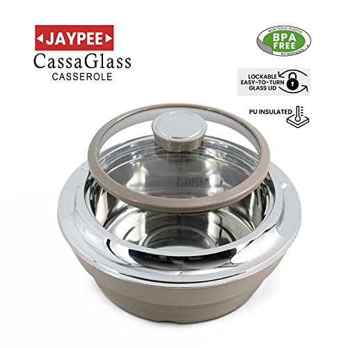 Jaypee Insulated Casserole Dishes | Serving Dishes With Glass Lid | Stainless Steel Inner | Keep Food Warm | Thermal Food Container | Hot Pot | Set of 3-1.5L, 2L, 3L -Cassa Glass By Nyra (Brown)