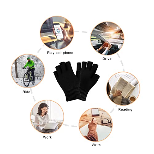 4 Pairs Black Unisex Warm Half Finger Gloves,PIOGHAX Winter Half Finger Knit Gloves Stretchy Knit Fingerless Gloves Suitable for Running, Typing, Cycling