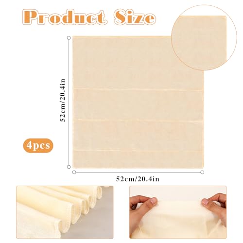 4 Pcs Cheesecloth for Cooking 50x50 cm Muslin Cloths Reusable Cheese Cloths Unbleached Washable Cotton Cheese Clothes Ultra Fine Weave Fabric Filter for Straining, Cooking, Baking