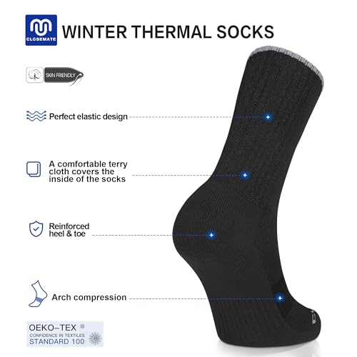 Closemate Mens Thermal Socks 5 Pairs Winter Warm Thick Crew Socks Wicking Sport Calf Work Boot Socks Outdoor Hiking Walking Athletic (5 Black, Size L)