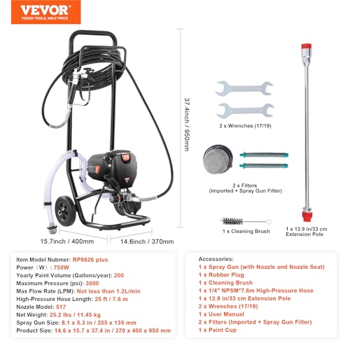 VEVOR Stand Airless Paint Sprayer, 750W 3000PSI High Efficiency Electric Airless Sprayer with Cart, Fine and Even Painting Effect, Paint Sprayers for Home Interior and Exterior Furniture and Fences