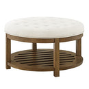 24KF Large Round Upholstered Tufted Linen Ottoman Coffee Table, Large Footrest Ottoman with Wood Shelf Storage-Ivory