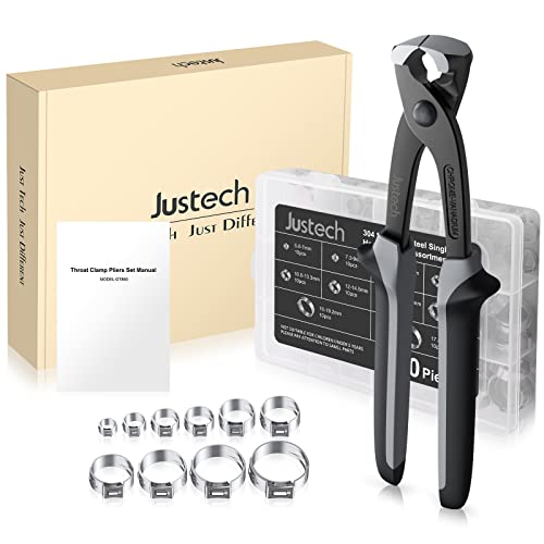 Justech 100pcs 5.8-21mm The Single Ear Stepless Hose Clamps, 304Austenitic Stainless Steel, TUV certification, Seal holes, Clamping Tool Kit