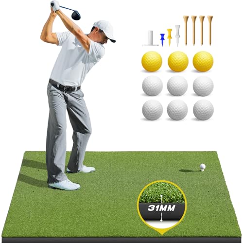 Bltend Golf Mat, 5x4ft Golf Hitting Mats Practice Outdoor Indoor, Artificial Turf Golf Practice Mats with Rubber Tees, 9 Golf Balls, 8 Golf Tees, Golf Training Aids for Backyard Garage Driving