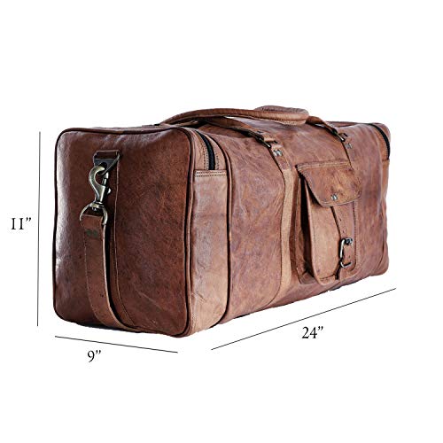 Leather Duffle Bags Large 24 Inch Square Duffel Travel Gym Sports Overnight Weekender Leather Bag for Men and Women by KPL