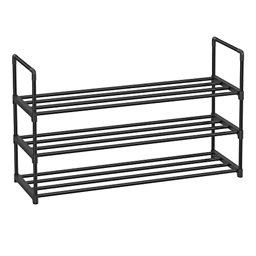 SONGMICS 3-Tier Shoe Rack, Storage Organiser, Metal, Fits 12 to 15 Pairs of Shoes, Stackable Shelf, for Hallway, Living Room, Bedroom, 30.5 x 92 x 55 cm, Black LSA303B02