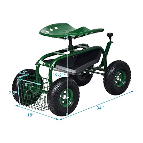 Goplus Garden Cart Gardening Workseat w/Wheels, Patio Wagon Scooter for Planting, Work Seat with Tool Tray and Basket (Knob Handle)