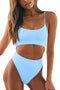 Meyeeka Womens Scoop Neck Cut Out Front Lace Up Back High Cut Monokini One Piece Swimsuit, Light Blue, Medium