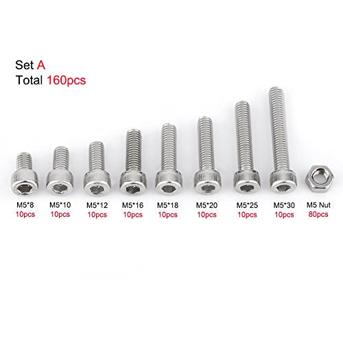 Bolts, 160pcs Stainless Steel SS304 Hex Socket M5 Screws Bolts and Nuts Assortment hex Screw Nuts Fastener(Cap Head)