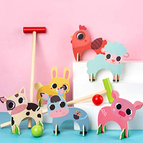 TOYANDONA Kids Croquet Set, Cartoon Wooden Animal Croquet Set Funny Lawn Games for Boys Girls