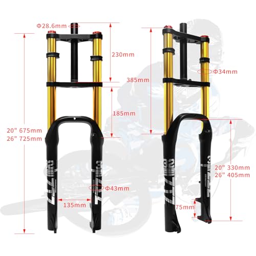 ZTZ 20/26 inch 4.0 Fat Tire Bike Air Suspension Fork - 180mm Travel, 135mm Hub Spacing, QR 9mm, Double Crown Shock Absorber Fork for MTB Fat Snow Beach E-Bike