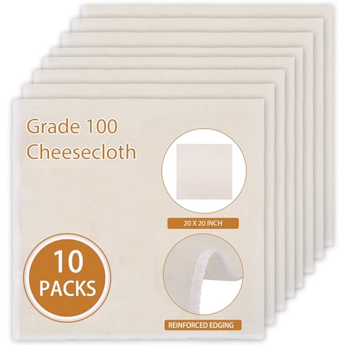 10 PCS Reusable Cheese Cloths for Straining, 20x20 Inch Hemmed Organic Cheesecloth, 100% Cotton Unbleached Cloth Strainer for Coffee Brewing Cooking, Baking, Juicing, Straining, Cheese Making