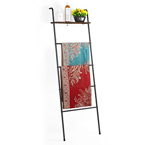 Blanket Ladder Holder for Living Room Farmhouse Decorative Ladder Holder with Storage Shelf, Wall Leaning Quilt Towel Rack for Bathroom, Bedroom, Rustic Home Decor, Black