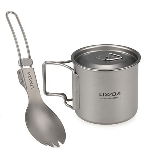 Lixada 350ml Titanium Mug Portable Camping Cups Foldable Ultralight Mug with Lid Picnic Titanium Cup with Folding Spork for Outdoor Camping Picnics