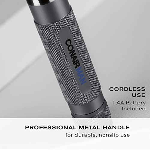 ConairMan Ear, Nose, and Eyebrow Hair Trimmer for Men, Cordless Battery-Powered Trimmer with Professional Metal Handle, Patent 360 Bevel Blade for No Pull, No Snag Trimming Experience