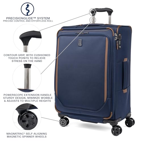 Travelpro Crew Classic Lightweight Softside Expandable Checked Luggage, 8 Wheel Spinner Suitcase, TSA Lock, Men and Women, Checked Medium 25-Inch, Patriot Blue, Patriot Blue, Checked-Medium, Crew
