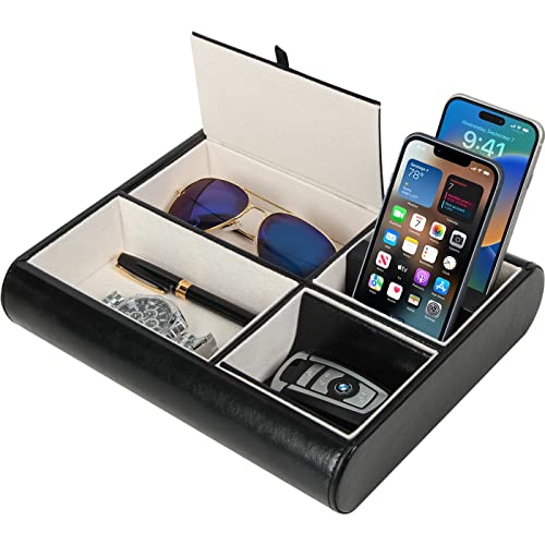 Jack Cube Valet Tray Leather, Desk or Dresser Organizer, Catch-all For Keys, Phone, Wallet, Coin, Jewelry, and More (26.26 x 5.5 x 20.8 cm) - MK158