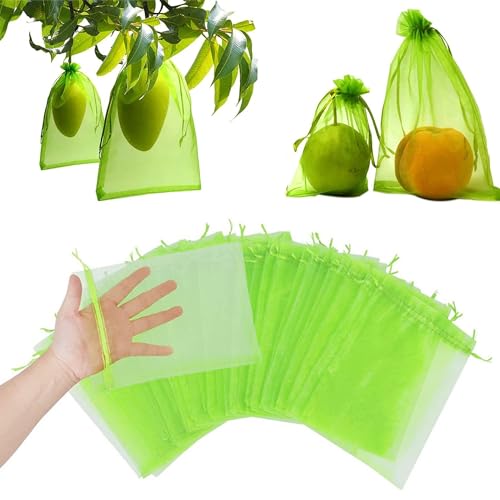 100 Pcs Fruit Protect Bags,Fruit Cover Mesh Bag with Drawstring,Reusable Mesh Garden Netting Protection Bags for Protecting Fruit Tree,Plants,Vegetables from Birds and Insects