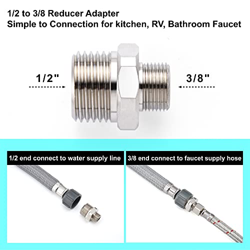 1/2 to 3/8 Reducer Faucet Adapter - Compression Brass Pipe Fitting, 3/8 Male to 1/2 Male Supply Line Adapter for RV Kitchen Plumbing, Water Hose Pipe Connector with Rubber Washer, (2 Pack)