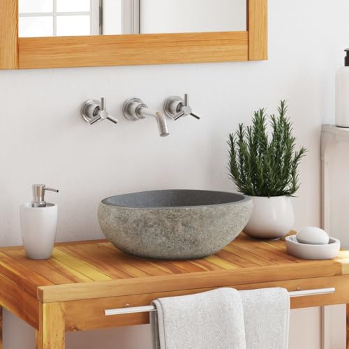 vidaXL Oval-Shaped Wash Basin Natural River Stone Taupe - Sink for Bathroom, Washroom with Polished Inner Surface and Drain Hole