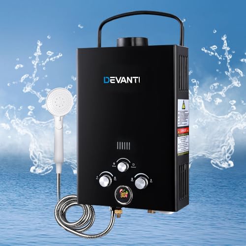 Devanti Gas Water Heater withPump, Portable Instant Tankless Hot Watering System Shower Camping Heaters Indoor Outdoor Room Bath Heating, Led Display Adjustment Lightweight Black