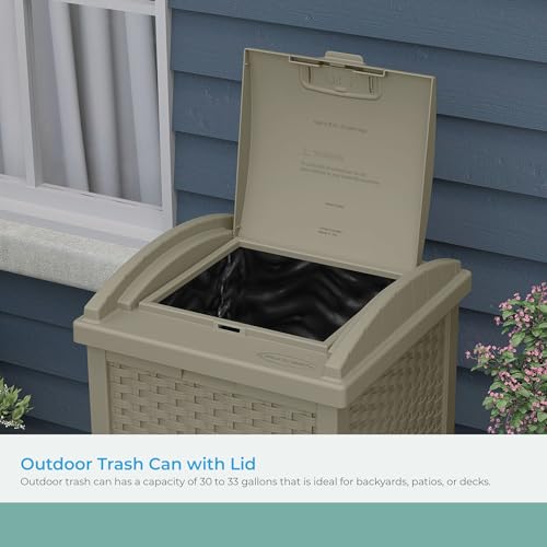 Suncast 33 Gallon Hideaway Trash Can for Patio - Resin Outdoor Trash with Lid - Use in Backyard, Deck, or Patio - Dark Taupe