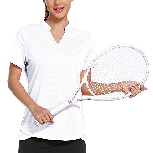 MIER Women's Golf Polo Shirts Collarless SPF 50+ Short Sleeve Athletic Tennis Badminton T Shirts Moisture Wicking Professional Horse Riding Tops White XXL