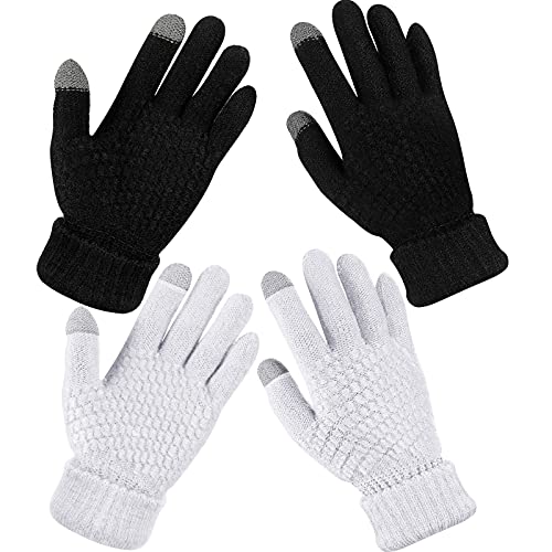 2 Pairs Women's Winter Touchscreen Gloves Warm Fleece Lined Knit Gloves Elastic Cuff Winter Texting Gloves, Black, White, One size