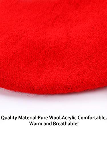 6 Pieces Wool Beret Hat Solid Color French Beanie Hat with Silky Scarf Brooch, Black and Red, Medium