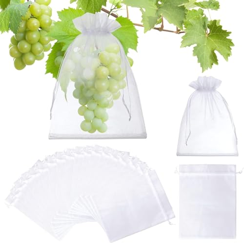 50 Pieces White Fruit Protection Bags- 17x23cm Fruit Netting Bags with Drawstring,Garden Fruit Cover Mesh Bag to Protect Plants from Pest Birds Squirrels (White)