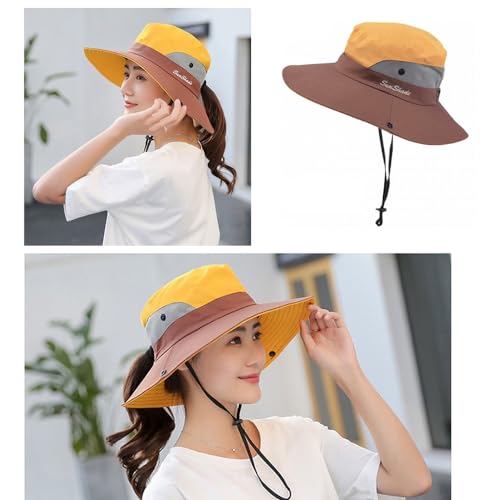 Women's Wide-Brim Ponytail Sun Hat – UV Protective Summer Beach Visor with Ventilated Mesh Design, Adjustable Anti-UV Floppy Cap Orange