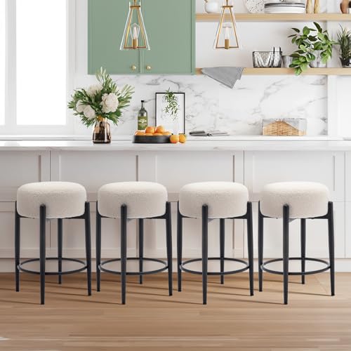 COLAMY Modern Bar Stools Set of 4, 24" Sherpa Counter Height Stools with Round Soft Padded Boucle Backless Seat and Metal Mid-Century Base, Cream